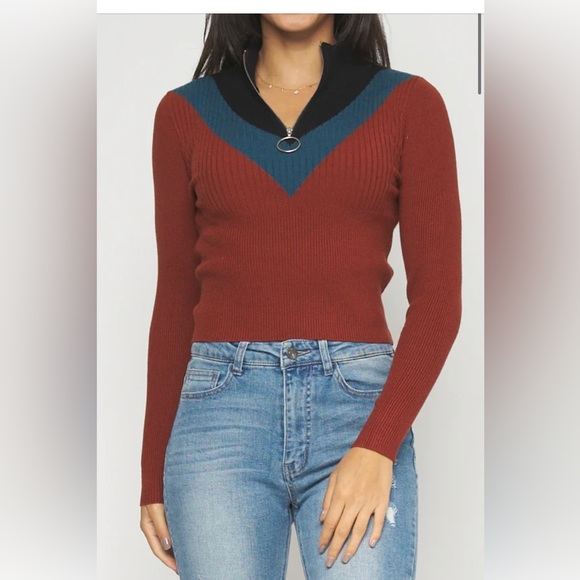 Women's NWT Half Zip Pullover sweater Knit top  Colorblock Mock Neck Crop Top - Picture 4 of 6